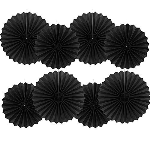 GAKA FAVOR Party Hanging Black Paper Fans Set,40.6CM(16in) and 30.4CM(12in) Round Paper Ceiling Party Decoration Suppiles,Set of 8