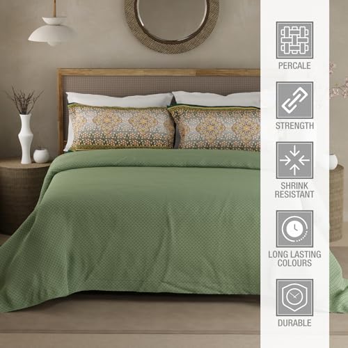 Image of BOUTIQUE LIVING Heritage Walk 100% Egyptian Cotton 200 TC Green Ethnic Print King Bedsheet with 2 Pillow Covers