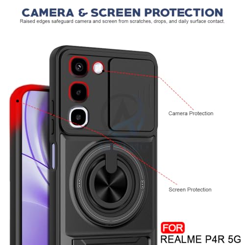 Image of AESTMO Realme P4R 5G Back Cover | Armor Camera Slider 360 Degree Rotating Finger Ring Holder Case with Bracket Stand Back Case Cover (Compatible with MagSafe Accessories) (Black)