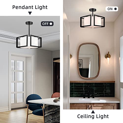 Modern Ceiling Light Fixture - Easric Semi Flush Mount Ceiling Light Industrial Light Fixtures Ceiling Mount With Fabric Shade Black Metal Frame Drum Ceiling Lights For Bedroom,Hallway,Kitchen #TOP1