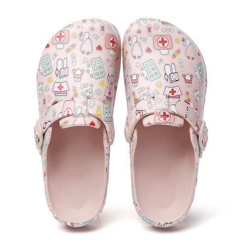 Image of Eliogn Women's Garden Clogs with Print, Waterproof Slip Resistant Work Clogs, Lightweight EVA Slip-On Mules, Cushioned Comfortable Shoes for Nurse, Chef, Kitchen, Beach