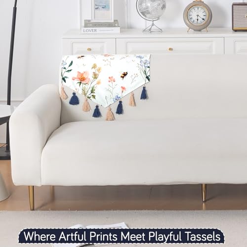 Image of HOKIPO Premium Sofa Backrest Cover Mat | Printed Holland Velvet with Tassels | 'Whispers of Nature' Pastel Butterfly Meadow (IN-1116-D2)