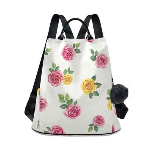 Mochila antirrobo de mujer con diseño de rosas y pompón decorativo