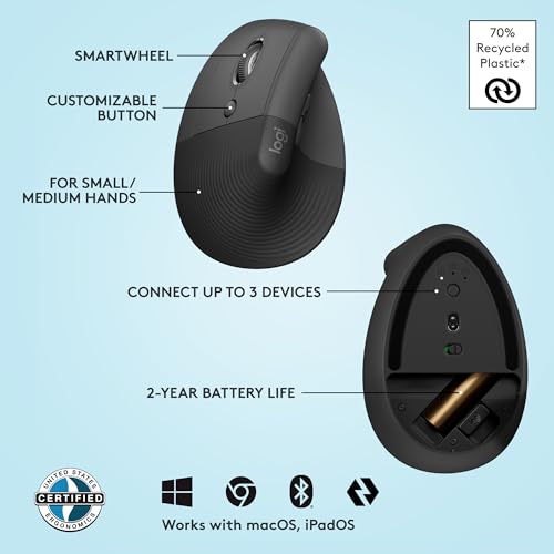 Image of Logitech Lift Vertical Ergonomic Mouse, Left-Handed, Wireless, Bluetooth or Logi Bolt USB, Quiet Clicks, 4 Buttons, Compatible with Windows /macOS /iPadOS, Laptop, PC - Graphite