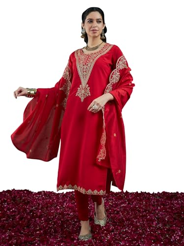 Image of INDO ERA Women's Embroidered Silk Blend Straight Kurta & Palazzo With Dupatta Set (RRRRR9584)