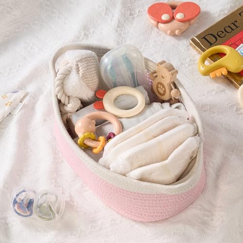 Image of Small Woven Gift Basket Empty with Bag & Ribbon - Gifts for Mom, Baby Shower, Birthdays & Raffle - Cotton Rope Storage Basket for Dog Toys or Shelf - 12 inchx8 inchx5 inch, White & Pink