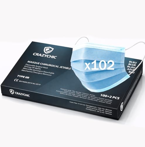CRAZYCHIC - x102 Mascarilla Quirúrgica Tipo IIR Azul - Certificada CE EN14683 - Mascarilla Médica Desechable 3 Capas Alta Filtración BFE>99% - Hipoalergénico - Paquete 102 unidades