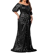 Madam Uniq Women Plus Size Short Sleeve Sequin 1920s Dress Off Shoulder Maxi Formal Cocktail Wedd...