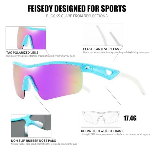 Image of FEISEDY Kids Polarized Sports Sunglasses, TR90 UV400 Baseball Cycling | LightWeight Wrap-Around for Boys Girls, TAC Polarized Lens blocks 100% UVA /UVB, Baseball /Softball /Cycling /Running B2454