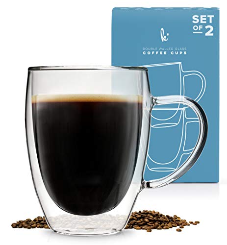 Glass Coffee Mugs Drinking Glasses Set of 2 with Handle, 12oz Double Walled Thermo Insulated Cups for Tea Latte Cappuccino Espresso