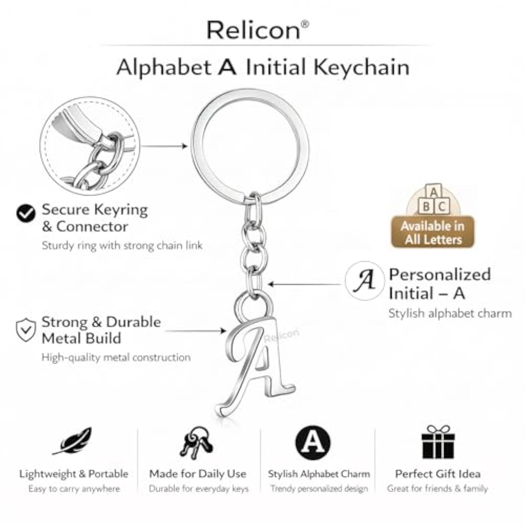 Alphabet Keychain - Letter A, Metal Initial Key Chain