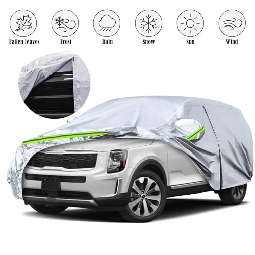 Image of Waterproof Car Covers Replace for 2020-2024 Kia Telluride, 6 Layers Silver All Weather Car Cover with Zipper Door & Windproof Bands for Snow Rain Dust Protection
