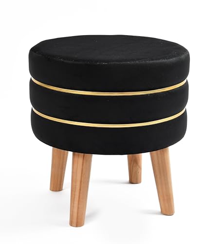 Image of NACIA Velvet Upholstered Ottoman Stool with Wooden Legs | Round Pouffe Footrest Seat for Living Room Bedroom Balcony | Compact Foot Stool for Sitting Home Decor Furniture, 18 Inch (Black, Set of 2)