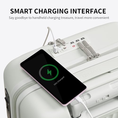 OIWAS Carry On Luggage with Cup Holder, Top Opening Carry On Suitcase with USB Port, Phone Holder, One-Click Brake, Top Lid Opening Hardside Luggage for Travel, Business Trip, White by OIWAS - Used condition - Image 9