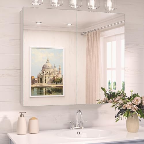 TokeShimi 30 x 26 Silver Aluminum Medicine Cabinet Mirror for Bathroom Surface Mount or Recessed...