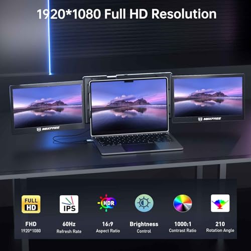 Image of Maxfree 13.3 Inch Laptop Screen Extender, Full HD Display (1920 x 1080), IPS Panel, 1000:1 Contrast Ratio, 16:9 Ratio, USB C Plug & Play Portable Monitor for Laptop, T2