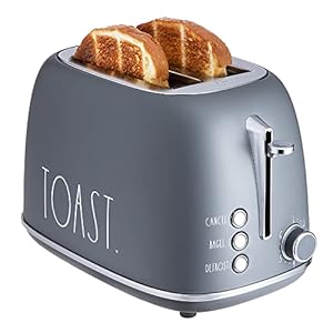 Rae Dunn Retro Rounded Bread Toaster, 2 Slice Stainless Steel Toaster with Removable Crumb Tray, Wide Slot with 6 Browning Levels, Bagel, Defrost and Cancel Options, Grey