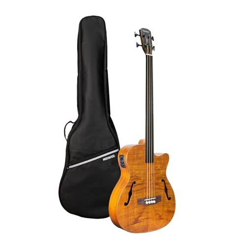 WishMade 4 String Fretless Acoustic Electric Bass Guitar for Adults Hollow Body with F-Holes Natural Flamed Okoume Top Full Size Guitarra Matte Finish