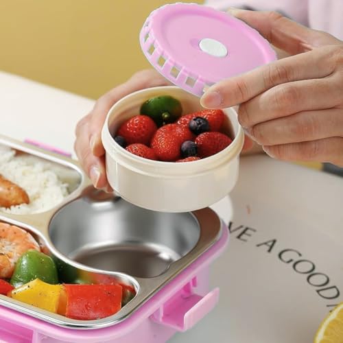 Image of Storio Lunch Box 3 Compartments 750ml | Leak-Proof BPA-Free Stainless Steel /Plastic Lunchbox for Kids, School & Office | Tiffin Box with Extra Small Container | Durable & Easy to Clean - Pink