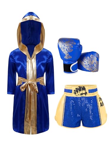 inhzoy Completo da Boxe Bambino e Ragazzo Pantaloncini Muay Thai MMA Kick Boxing + Accappatoio da Boxe + Guantoni Abbigliamento Combattimento Grappling Arti Marziali Oro blu 5-6 anni