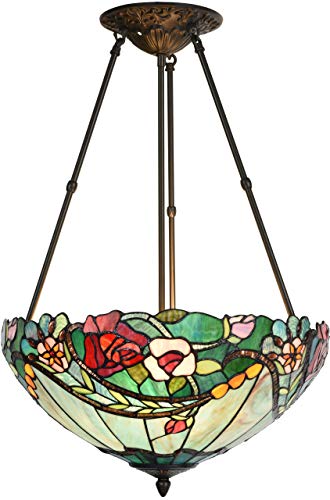 Bieye L10741 Rose Flower Tiffany Style Stained Glass Ceiling Pendant Light with 18-inch Wide Lampshade, 3 Lights