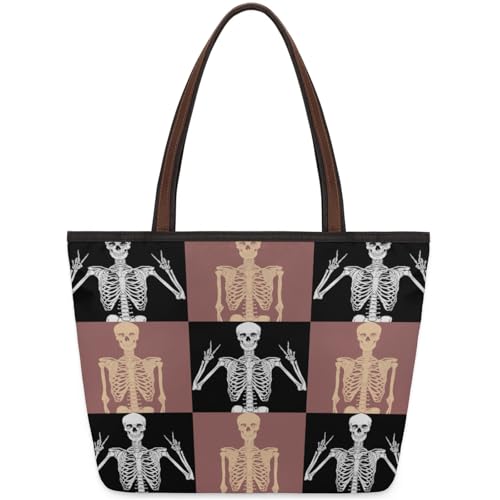 Latticework Skull Mans Tote Bag Multi Pocket Zippered Beach Bag Lightweight Waterproof Handbag