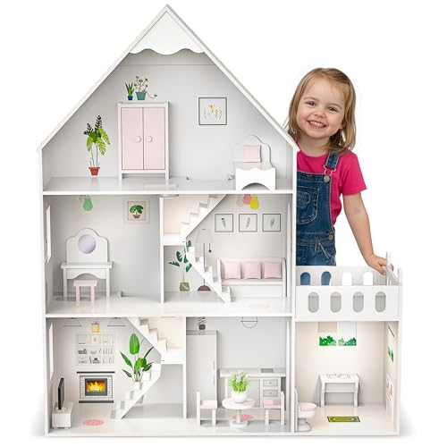 Barbie Puppenhaus Holz groß 118 cm – Kinderplay 3-stöckiges Puppenhaus für Kinder mit Möbeln, LED Licht, Aufklebern und Zubehör – Modernes Holz Spielhaus Geschenk ab 3 Jahre