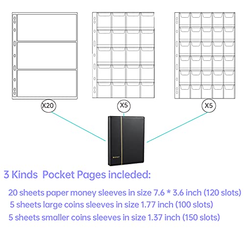 Currency Coin Album,370 Pockets Coin And Currency Collecting Binder,250 Pockets Coin Collection Book Holder,120 Pockets Paper Money Stamp Page Album Supplies For Collectors Black #TOP2