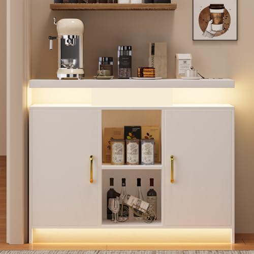 4 EVER WINNER Coffee Bar Cabinet with Led Lights, Buffet Cabinet with Floating Countertop, Modern...