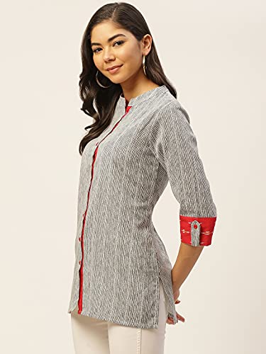 Image of FABRIC FITOOR Women's Cotton Stripes Print Mandarin Collar Readymade Casual Shirt