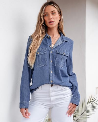 GRAPENT Denim Button Down Shirts for Women Long Sleeve Western Top Casual Cotton Relaxed Fit Jean Shirt Jacket Shacket3