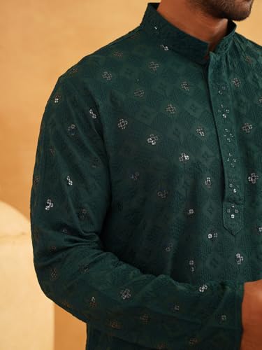 Image of SOJANYA (Since 1958 Men's Cotton Embroidered Sequinned Kurta with white Churidaar Pyjama