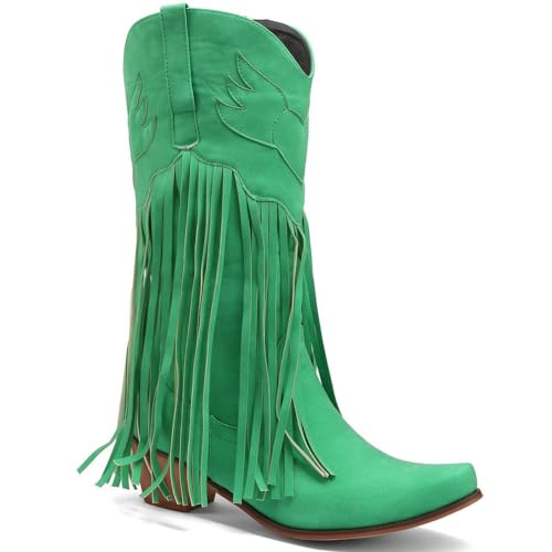 Women Fringe Cowboy Boots Square Toe Mid Calf Embroidered Western Boots Tassel Cowgirl Boots Stacked Chunky Low Heel Boots4