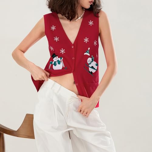 Image of Christmas Vest for Women Reindeer Santa Snowman Embroidery Sweater Sleeveless Ugly Xmas Knit Tank Top
