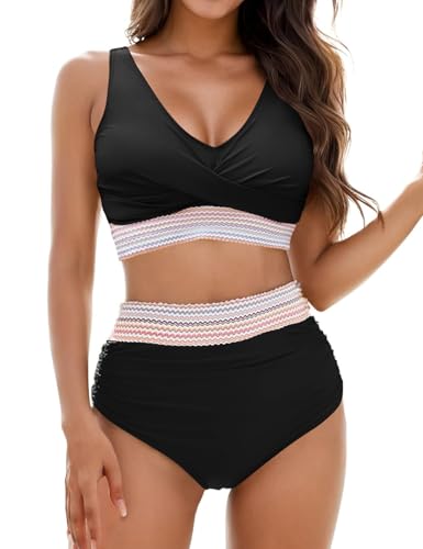 Womens High Waisted Bikini Set Tummy Control Color Block Bathing Suits Twist Front Two Piece Swimsuits