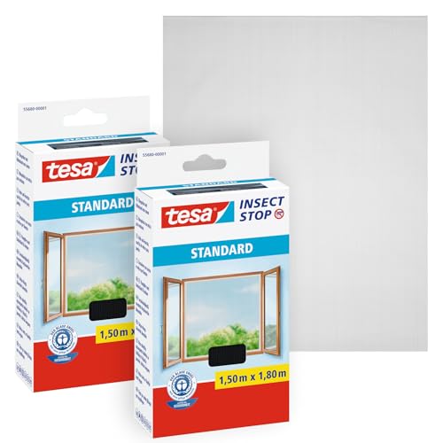 tesa Insect Stop Standard Fliegengitter für Fenster im 2er Pack - Insektenschutz zuschneidbar - Mückenschutz ohne Bohren - Fliegen Netz - 2X 150 cm x 180 cm - Anthrazit