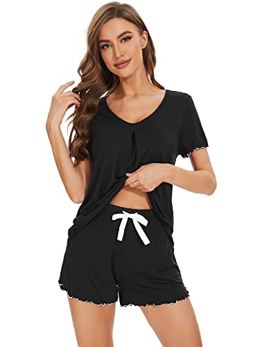 Image of WiWi Womens Pajamas Set Bamboo Viscose Super Soft Short Sleeve Top Ruffle Shorts Sleepwear Cooling Pj Sets S-XXL