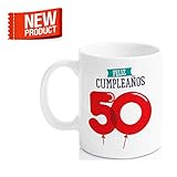  Taza Cerámica para Desayuno en Color Blanco de 300 ml, Un Regalo Original para Aniversarios - \"Feliz 50 Cumpleaños\"