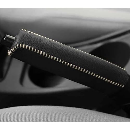 Car Handbrake Cover for VW Golf/Polo 5 6 7 8 GTE GTI GTD, Leather Hand-Stitched Hand Brake Grip Protective Sleeve Anti-Slip Wear-Resistant Interior Accessories Decoration,Black-Beige Line