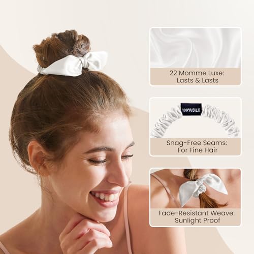 Image of THXSILK 100% Mulberry Silk Bow Scrunchies 3-Pack, 22 Momme Mulberry Silk Hair Ties for Women, Cute Bunny Ear No Damage Ponytail Holders, Fashion Hair Accessories for Girls(S, Pearl White)