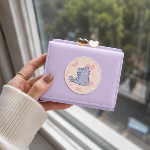 Image of Valerie Cute Small Wallets Clutch for Teen Girl Women PU Leather Trifold Small Wallet Cash Pocket 3D Buckle Card Holder Coin Purse with ID Window for Girls Women (Purple cat)