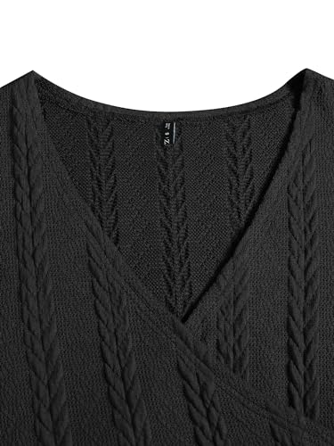 Image of ZAFUL Women's V Neck Sweater Lantern Long Sleeve Pullover Cable Knit Cross Crop Top Casual Tie Wrap Tunic Jumper Blouses