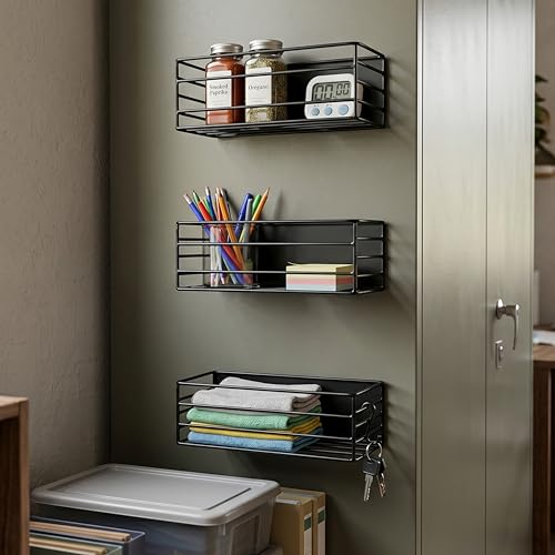 Image of Amazon Basics Magnetic Organizer for Fridge Space-Saving side Storage (27.5 x 11 X 7.5 cm, Iron, Black), Set of 3, Load Capacity: 1.5Kg