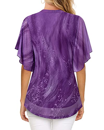 Image of Timeson Women's Short Sleeve V Neck Blouses Shirts Floral Double Layers Mesh Tunics Tops