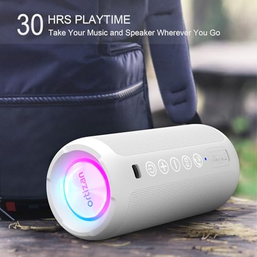 Image of Ortizan Portable Bluetooth Speaker: IPX7 Waterproof, 24W Loud Sound, Deep Bass, Bluetooth 5.3, LED Lights, Wireless Stereo Pairing, 30H Playtime, for Home /Outdoor /Party /Beach, Birthday Gift (White)