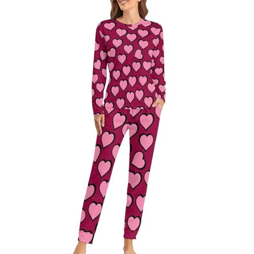 Pyjama femme coeurs roses rouges avec t-shirt manches longues et pantalon de nuit
