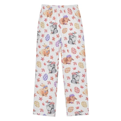 Easter Egg Bunny and Floral Boys Long Pants Soft Trousers Elastic Waist Kids Lounge Bottoms with Pockets S-XL