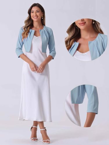 Image of Allegra K 3 /4 Sleeve Shrug Top for Women's Collarless Pleated Open Front Cropped Cardigan
