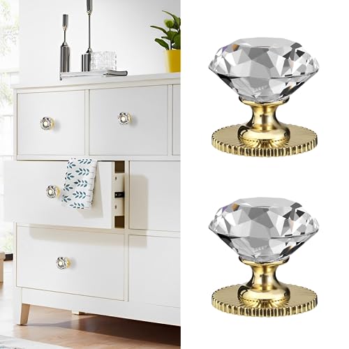 Elistonie Selbstklebende Kristallknäufe für Spiegelschrank, selbstklebender Griff für Kommoden, Schubladen, Schränke, 40 mm, Kristallknäufe, selbstklebende Diamant-Glasknäufe (2 Stück, transparent und