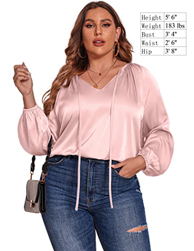 Chigant Women's Satin Business Casual Shirts V Neck Balloon Sleeve Blouse Plus Size Silk Top Pink Large #TOP3